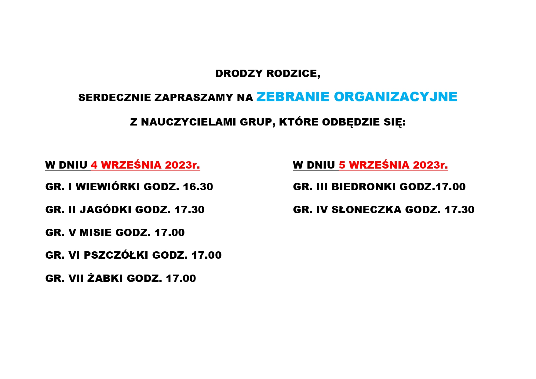 Zebranie Organizacyjne Przedszkole Nr 286