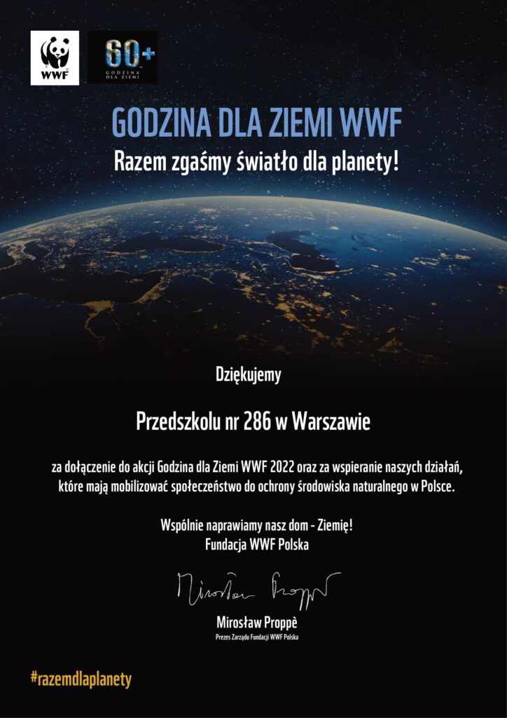 Podziękowanie za udział w Godzinie dla Ziemi WWF