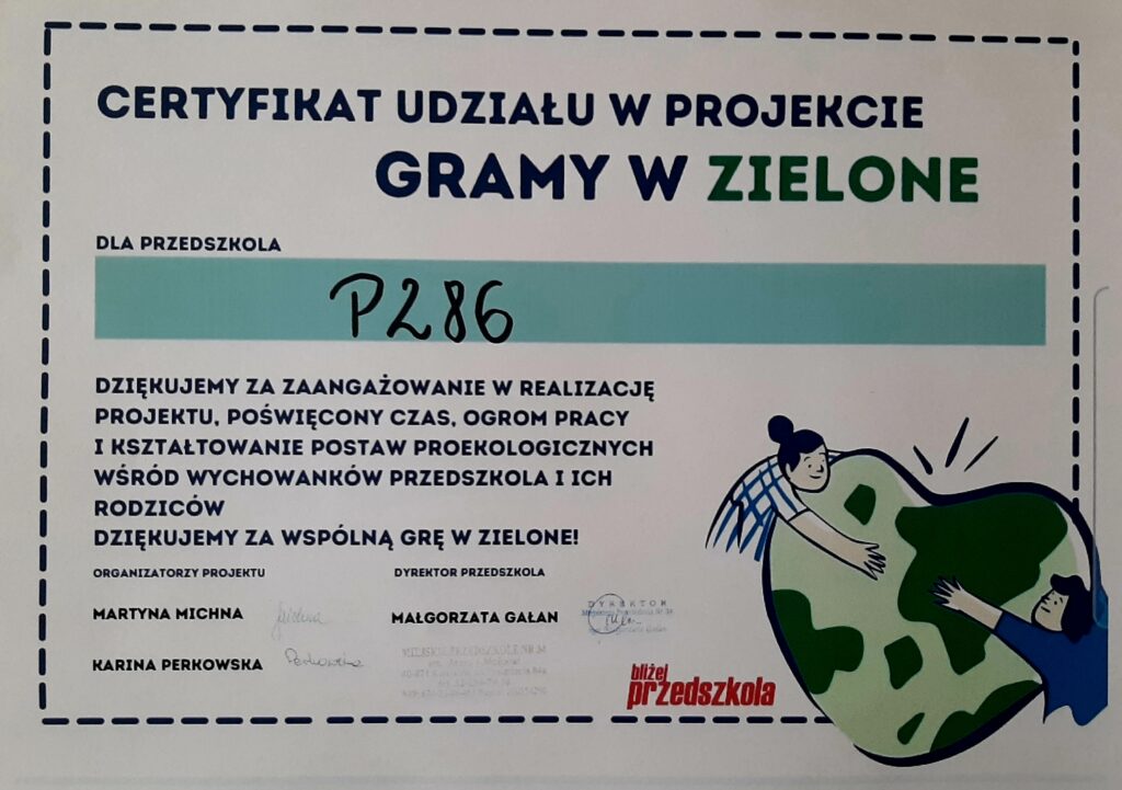 Projekt "Gramy w zielone" - Certyfikat