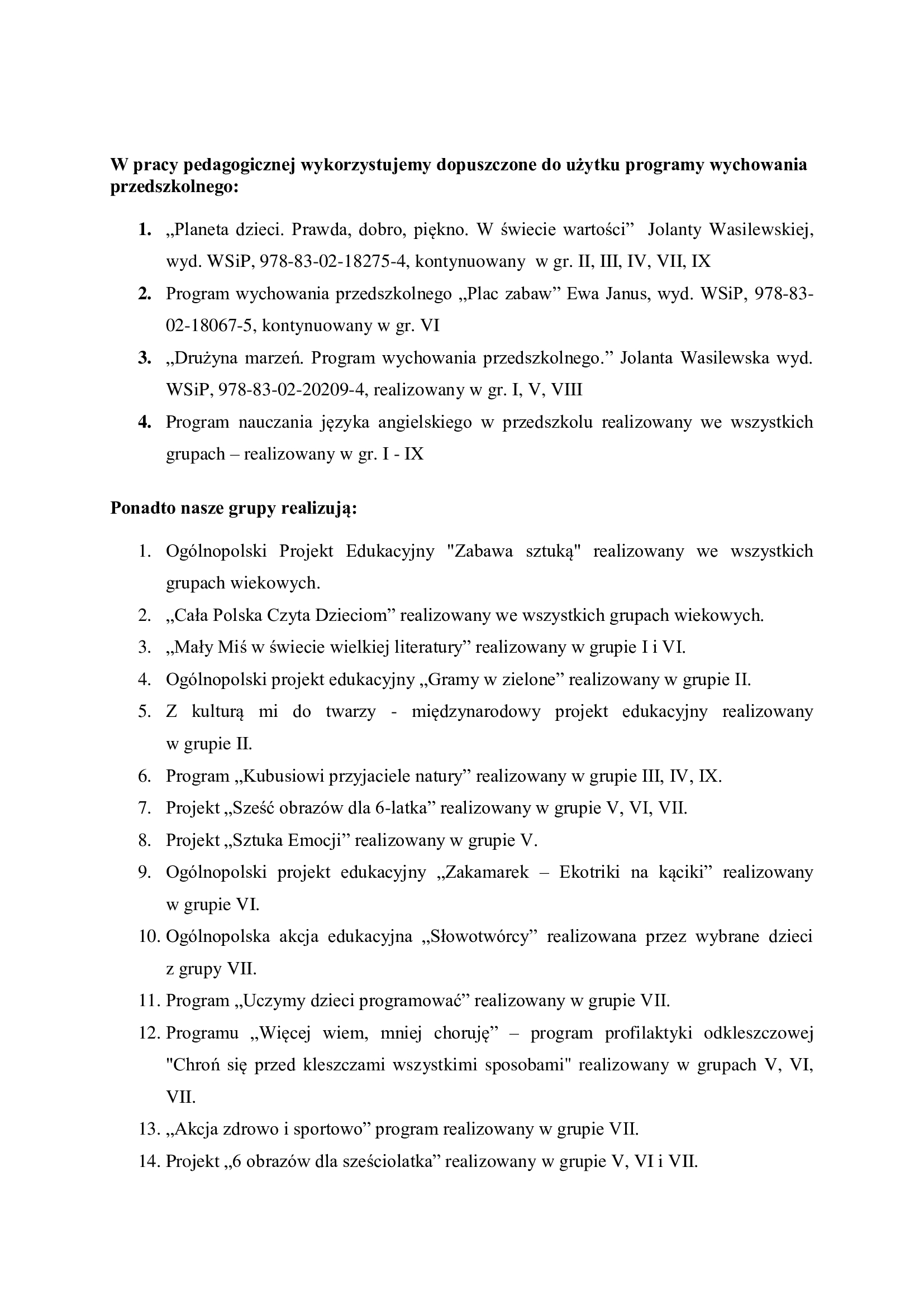 Podstawa Programowa, Programy, Innowacje - Przedszkole Nr 286